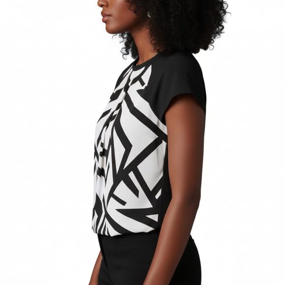 Liz Claiborne Art Deco Black & White Geometric Blouse Cap Sleeve Top Sz S - Picture 2 of 9
